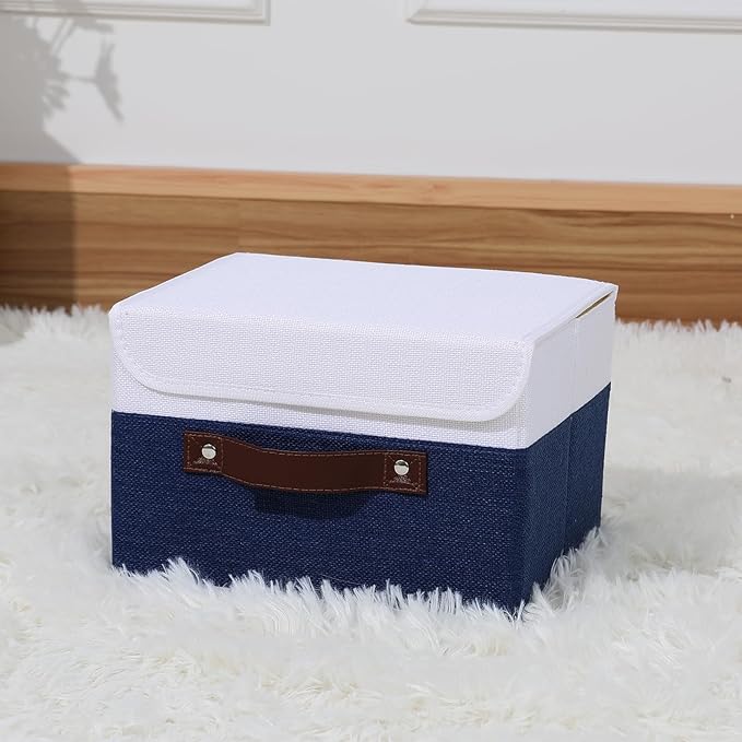 ANMINY Storage Boxes with Lids Washable Decorative Storage Bins Basket with PU Leather Handle Foldable Linen Fabric Storage Cubes Containers for Home Closet Organizer - Deep Blue White, Small Size-Ruum Studio Home