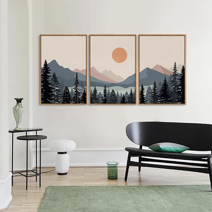 Tinonedraw Boho Mountain Framed Canvas Wall Art Set of 3, Watercolor Nature Landscape Art Prints, Modern Sunrise Art Paintings, Black Pines Tree Forest Wall Decor for Living Room Bedroom Office 16"x24"x3-Ruum Studio Home