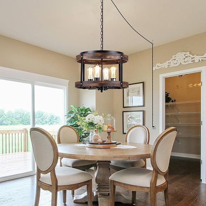 4-Light Large Rustic Farmhouse Plug in Pendant Light Fixture with Adjustable Chain, Dimmable Switch, 16.5 inch Oak Wood Drum Hanging Lamp for Dining Room Living Room Farmhouse Entry, Black-Ruum Studio Home