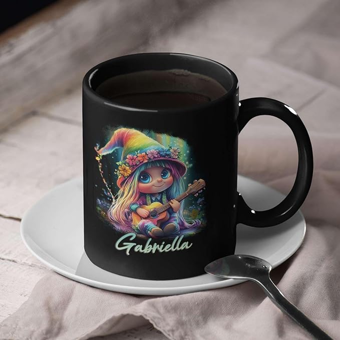 Customized Adorable Gnome With Guitar Mug 11oz 15oz, Personalized Name Coffee Cup, Gnome And Northern Lights Mug, Custom Whimsical Music Ceramic Cup, Gnome Black Mug Gift For Kids-Ruum Studio Home