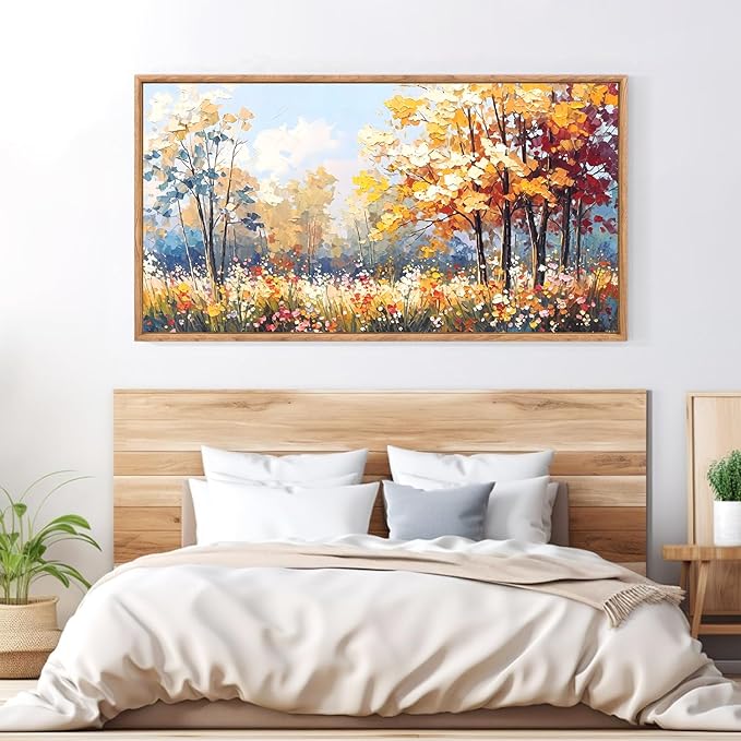 Aurlan Forest Wildflowers Landscape Hand Painted Framed Wall Decor(40"x20"), Vintage Nature Yellow Leaves Scenery 3D Textured Canvas Oil Painting, Classical Watercolor Floral Wall Art for Living Room Bedroom-Ruum Studio Home