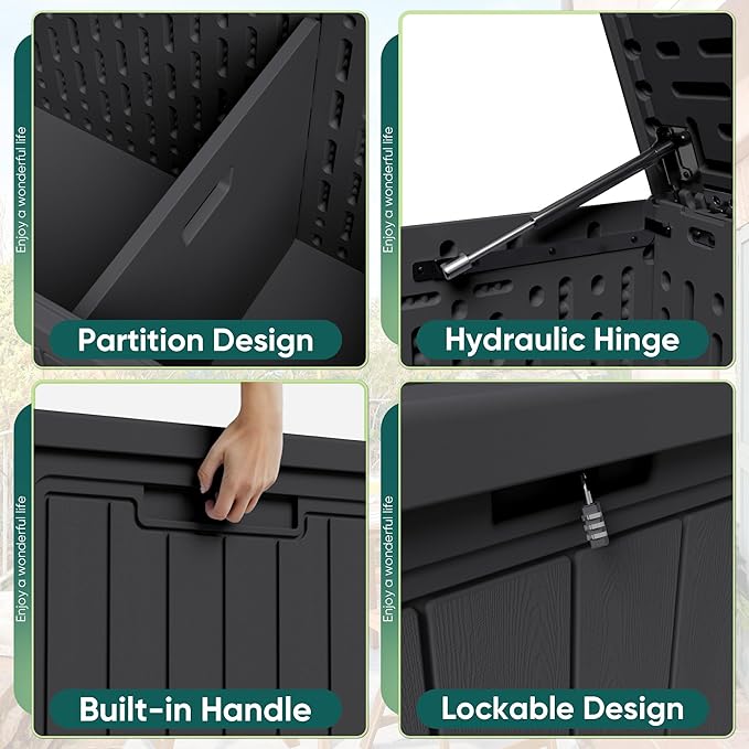 JUMMICO 160 Gallon Resin Outdoor Storage Deck Box with Divider, Waterproof Storage Box&Bench with Lockable Lid for Garden Tools, Pools Supplies (Black)-Ruum Studio Home