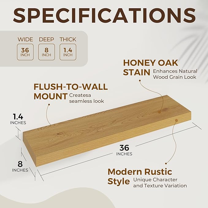 36 inch Floating Shelves Wall Shelves for Office with Invisible Brackets, 8 inch Deep Shelves for Bathroom, Living Room, Kitchen, Office, 36x7.9 inch deep Set of 2, Oak-Ruum Studio Home