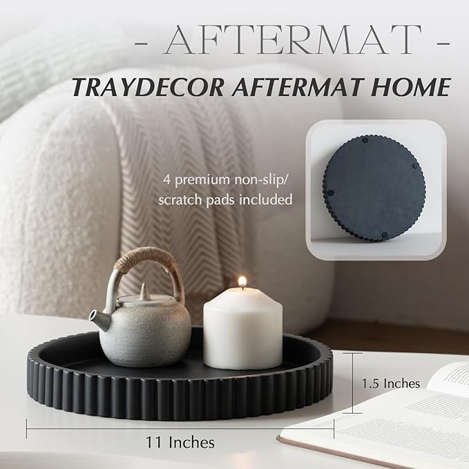 Decorative Tray for Coffee Table, Living Room, Side Table, 2 Packs 11" Black Round Concrete Home Decor Serving Trays for Accent Table, Console Table-Ruum Studio Home