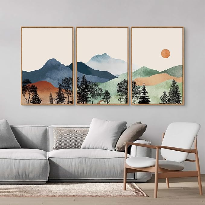 SIGNINART Boho Mountain Framed Canvas Wall Art Set of 3, Watercolor Nature Landscape Set Art Prints, Modern Sunrise Art Paintings, Green Forest Wall Decor for Living Room, Bedroom, Office 16"x24"x3-Ruum Studio Home