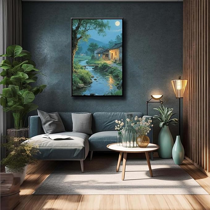 Moonlight under the big tree creek cabin scenery is suitable for posting in the living room bedroom office scenery poster wall painting-Ruum Studio Home
