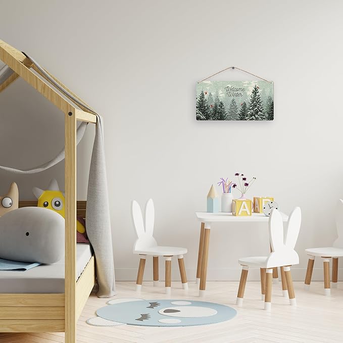 Welcome Winter Hanging Wooden Signs 12x6, Pine Tree Decor, Winter Door Decorations, Winter Door Sign, Snowflake Pine Trees Birds Home Room Office Hanging Wall Decor-Ruum Studio Home