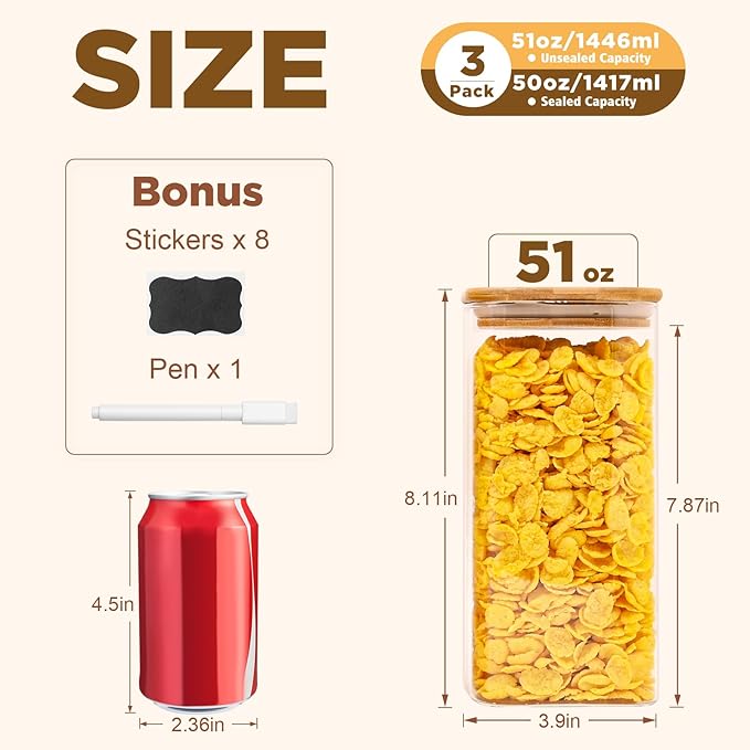 Glass Food Storage Jars Square 51oz, 3 Pack Glass Jars With Bamboo Lids, Kitchen Storage Containers For Spice, Candy, Cookie, Storage For Pantry Organizers-Ruum Studio Home