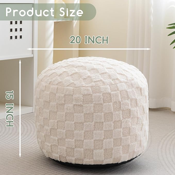 HIGOGOGO Round Stuffed Pouf Ottoman, Plaid Poufs with Foam Chunk Filling, Fluffy and Furry Pouf Foot Stool Storage Ottoman, 20 X 15 Floor Poufs Foot Rest for Living Room, Beige-Ruum Studio Home