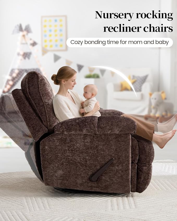 Oversized Recliner Chair Manual Swivel Rocker Recliner for Living Room Chenille Overstuffed Nursery Reclining Sofa Chair Rocking Recliners for Adults 400lbs (Manual, Brown)-Ruum Studio Home