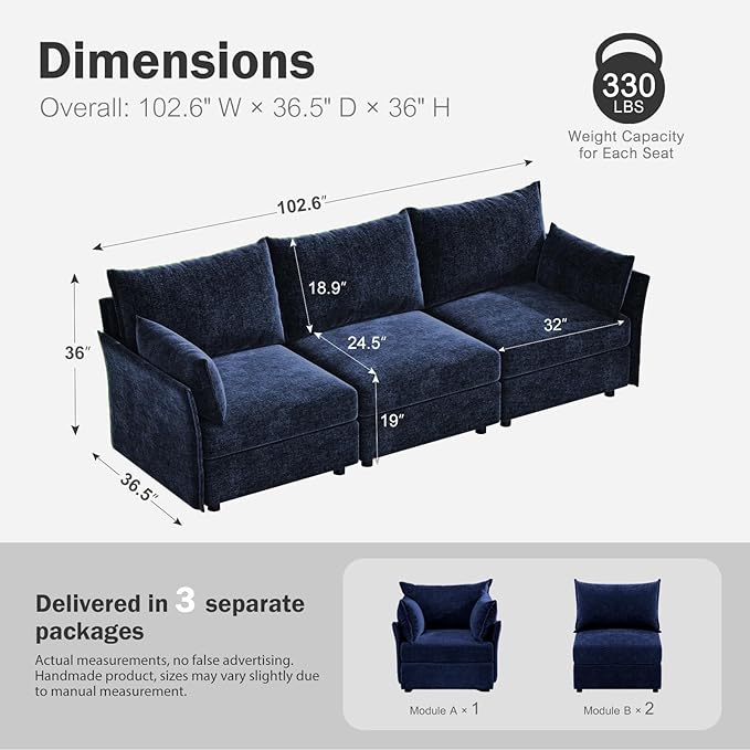 102.6" Modular Sectional Sofa, Oversized 3-Seater Blue Couch with Removable Chenille Fabric Cover, Deep Seat & High Backrest for Living Room, Office & Apartment-Ruum Studio Home