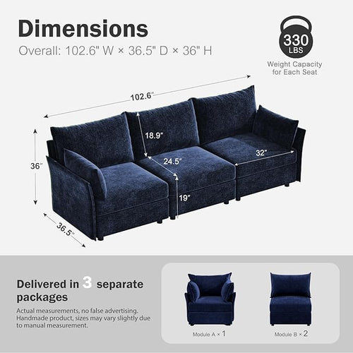 102.6" Modular Sectional Sofa, Oversized 3-Seater Blue Couch with Removable Chenille Fabric Cover, Deep Seat & High Backrest for Living Room, Office & Apartment-Ruum Studio Home