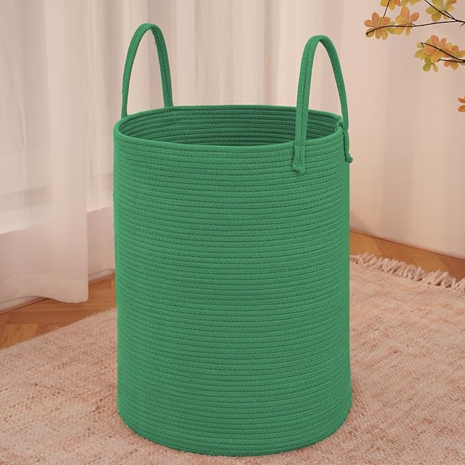 Large Woven Laundry Basket Hamper,80L Cotton Rope Storage Bin for Blankets,Toys and Clothes,Decorative Tall Nursery Hamper for Living Room,Baby Nursery,Bathroom and Bedroom,Dark Green-Ruum Studio Home