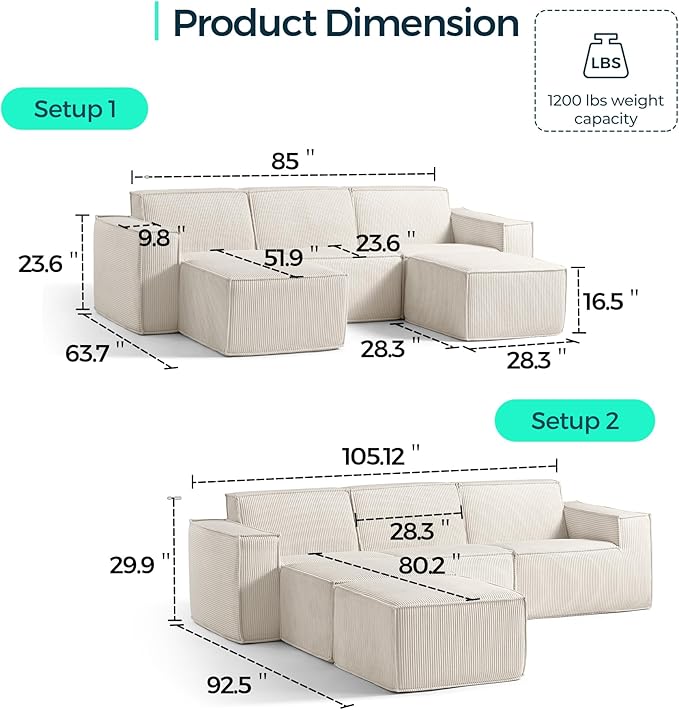 LINSY HOME Oversized Modular Sectional Sofa, 105" Cloud Couch L Shaped 3-Seat Sofa with 2 Movable Ottomans, Corduroy Sectional Couches for Living Room, No Assembly Required, Beige-Ruum Studio Home