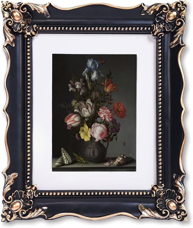 8x10 Vintage Picture Frame with Embossed Flower Design, Black Ornate Frame for 8x10 or 5x7 Pictures with White Mat, Hand-Crafted Resin Antique Frames for Tabletop & Wall Hanging, Home Decor (Black)-Ruum Studio Home