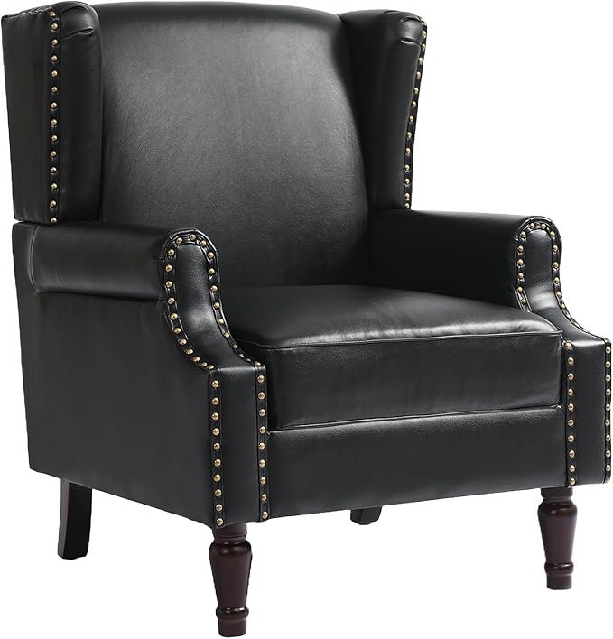 UIXE Faux Leather High Back Accent Chairs Set of 2, Upholstered Armchair for Living Room, Retro Wingback Arm Chair Nailhead Trim Single Sofa Bedroom Reading Seat with Solid Wood Legs - Black-Ruum Studio Home
