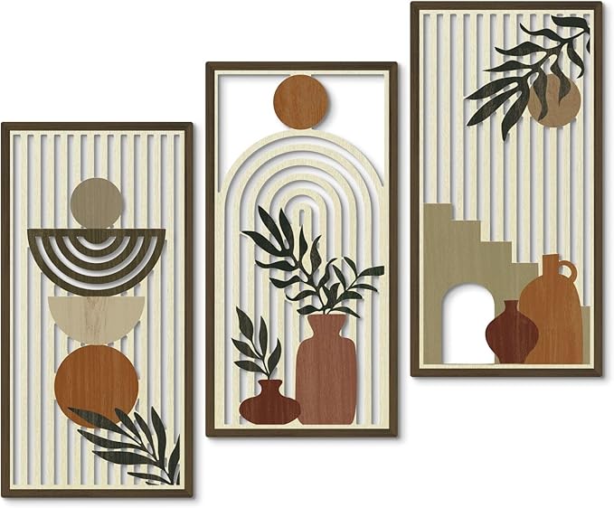 Putuo Decor Boho Wall Art Set of 3, Abstract Geometric Wooden Wall Decor, Mid-Century Modern Aesthetic Artwork with Arch, Vase & Botanical Design for Living Room, Bedroom, Office, 16.5 x 8.6 Inch-Ruum Studio Home