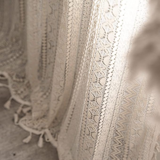 Sutuo Home Boho Curtains for Bedroom Nursery 90 Inch Length, Bohemian Geometric Crochet Sheer Lace Handmade Tassels Window Treatment Vintage Rustic Drape Rod Pocket 1 Panel 59" W x 90" L, Beige Wave-Ruum Studio Home