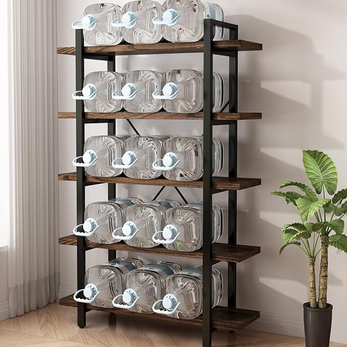5-Tier Industrial Style Solid Wood Bookcase and Book Shelves,Rustic Wood and Metal Shelving Unit， Living Room,Modern Rustic Open Industrial Book Shelf Office,Distressed Brown (AY-02-5Tier)-Ruum Studio Home