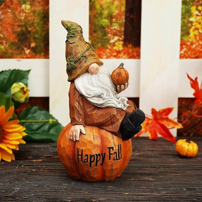 Topadorn Fall Garden Gnome Figurine Sitting on Pumpkin Statue Autumn Harvest Garden Gnomes Statue Figurine for Patio Yard Lawn Porch Decoration, Happy Fall-Ruum Studio Home