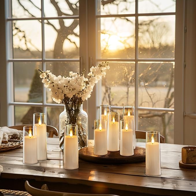 Amagic Pure White Flameless Candles, 9 Pack Battery Operated Candles with Remote and Timer, Acrylic Flickering Electric LED Candles for Wedding, Holiday Decor, D2.2''xH5''6" 7", Warm Yellow Glow-Ruum Studio Home