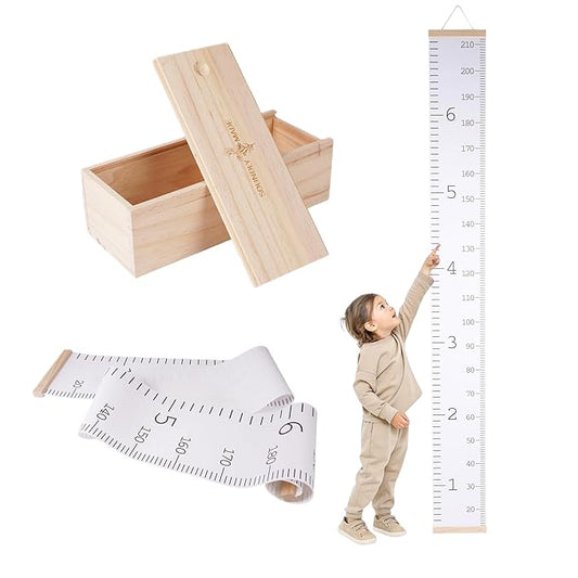 Growth Chart for Wall | Kids Height Chart Canvas Ruler with Wooden Storage Box | Waterproof Measuring Chart | Nursery Decor & Baby Shower Gift-Ruum Studio Home