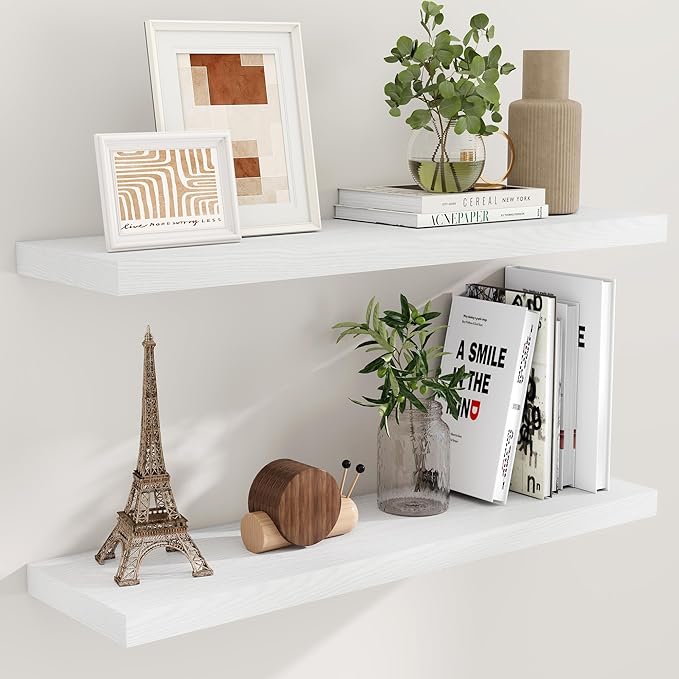 40 Inch Floating Shelves White, 40" W x 9" D Floating Shelf Set of 2, Farmhouse Wood Wall Shelves for Bedroom, Kitchen, Wall Mounted Deep Shelving for Home Decor-Ruum Studio Home
