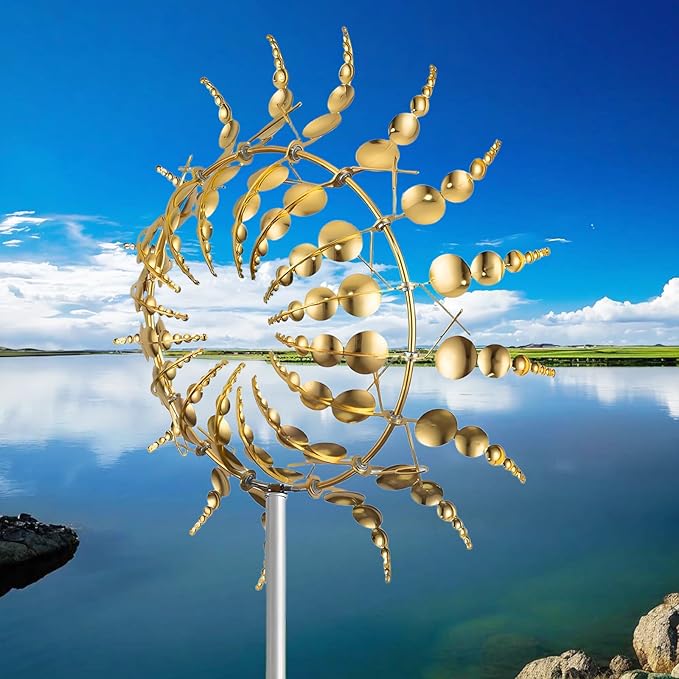 Unique and Magical Metal Windmill, 2Pcs Wind Spinners, 3D Wind Powered Kinetic Sculpture, Stainless Steel Wind Spinners, Wind Mill for Yard and Garden (2PCS-Golden)-Ruum Studio Home