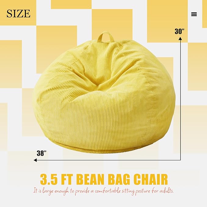 Hobestluk 3.5FT Bean Bag Chair Adult Bean Bag Chair Large Bean Bag Chair with Filler Included Teardrop Bean Bag with Removable Cover for Bedroom Living Room - (Large, Yellow)-Ruum Studio Home