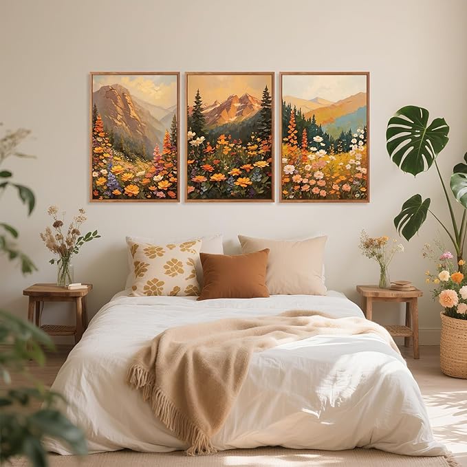 Aurlan Boho Mountain Sunset Landscape Framed Wall Art(16"x24"), 3PCS Large Wildflowers Meadow Canvas Artwork, Colorful Abstract Watercolor Nature Forest Scenery Decor for Home Office Bedroom-Ruum Studio Home