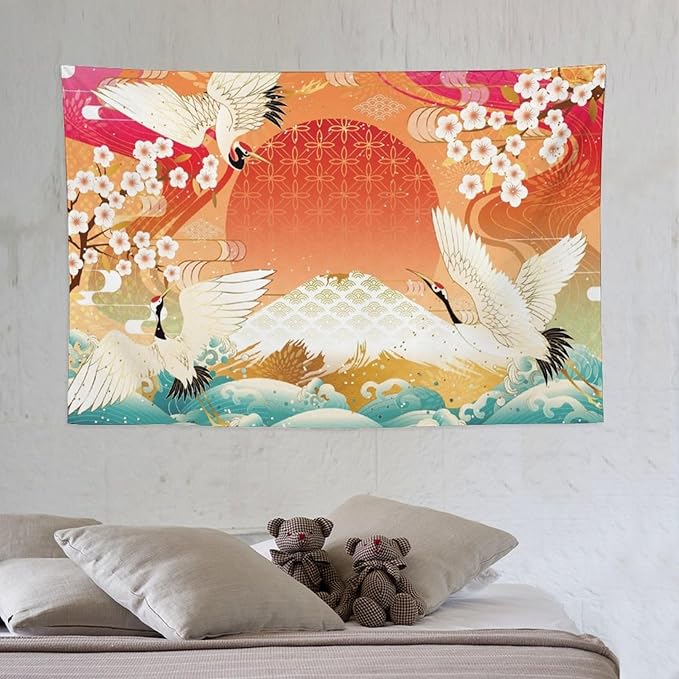 HZOHNAGO Japanese Tapestry Cherry Blossom Crane Sea Wave Fuji Mountain Red Sun Pattern Printed Wall Tapestry Painting Wall Hanging for Bedroom Living Room Dorm 60" W x 40" H-Ruum Studio Home