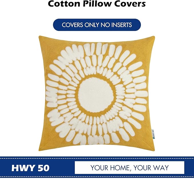 HWY 50 Mustard Yellow Decorative Throw Pillow Covers 18x18 Inch (1 Piece), Embroidered Cotton Modern Farmhouse Cushion Cover Pillow Case for Sofa Couch Living Room Bed, Sunflower-Ruum Studio Home
