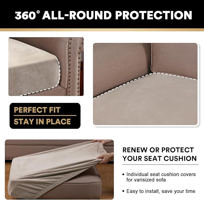 PrinceDeco Stretch Velvet Cushion Cover Sofa Cushion Slipcover for Loveseat Sofa Couch Cushion Furniture Protector Seat Cushion Sofa Cover(Each Width Up to 29.5", Oatmeal)-Ruum Studio Home