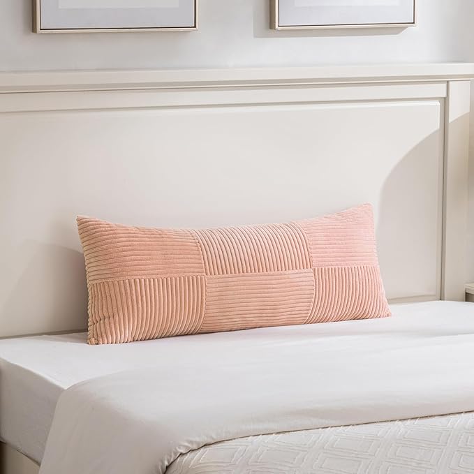 Fancy Homi Set of 2 Peach Boho Long Lumbar Body Decorative Throw Pillow Cover 14x36 Inch for Bed Couch Bedroom Bench, Soft Patchwork Corduroy Textured Pillow Case, Rustic Farmhouse Room Décor-Ruum Studio Home