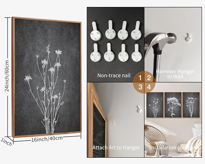 Tinonedraw Black and White Botanical Framed Canvas Wall Art Set, Vintage Floral Wall Decor, Dark Academia Minimalist Plant Art Paintings, Abstract Wildflower Art Print for Living Room Bedroom 16"x24"x3-Ruum Studio Home