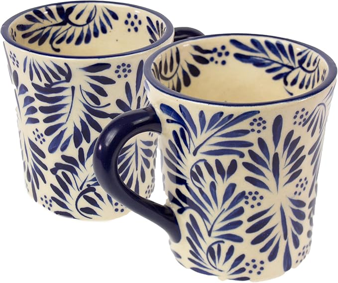 Encantada Handmade Hand-Painted Authentic Mexican Pottery Mugs (2-Pack, Blue Plumeado)-Ruum Studio Home
