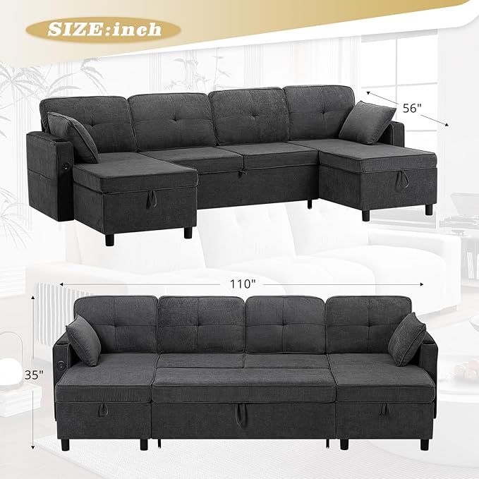 110 Inches Chenille Sectional Sofa w/Adjustable Back & Pull Out Sofa Bed, Tufted U Shaped Couch w/Two Storage Chaises, Sleeper Sectional Sofa w/USB Port & Cup Holders for Living Room, Grey-Ruum Studio Home