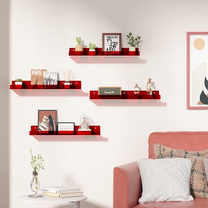 upsimples Acrylic Shelves for Wall Decor, 15" Display Shelf Perfume Organizer for Bathroom, Bedroom, Living Room, Floating Bookshelves for Kids, Clear Red, 4 Pack-Ruum Studio Home