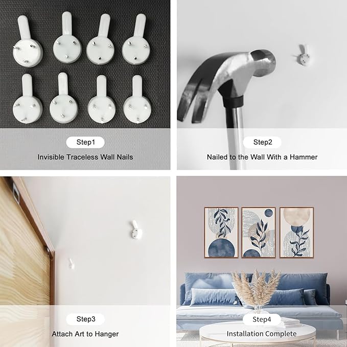 KAIRNE Boho Plant Wall Art Set of 3,Blue Bohemain Framed Canvas,Abstract Geometric Line Wall Painting,Modern Nature Prints,Botanical and Moon Wall Art for Living Room Bedroom Office - 3Pieces,16”X24”-Ruum Studio Home