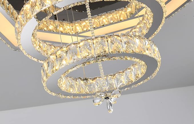 Flashing God Crystal Chandeliers Dia 32" Silver Elegant Chandelier Flush Mount Ceiling Light for Bedroom Living Room Dining Room Hallway Dimmable 3 Rings LED Celing Lighting Fixtures-Ruum Studio Home
