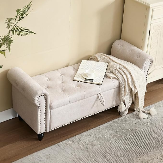 Furniliving 55” End of Bed Bench, Bedroom Bench with Button-Tufted, Large Upholstered Storage Ottoman Entryway Bench with Storage Shoe Cabinet Bench, for Bedroom, Linen, Camel-Ruum Studio Home