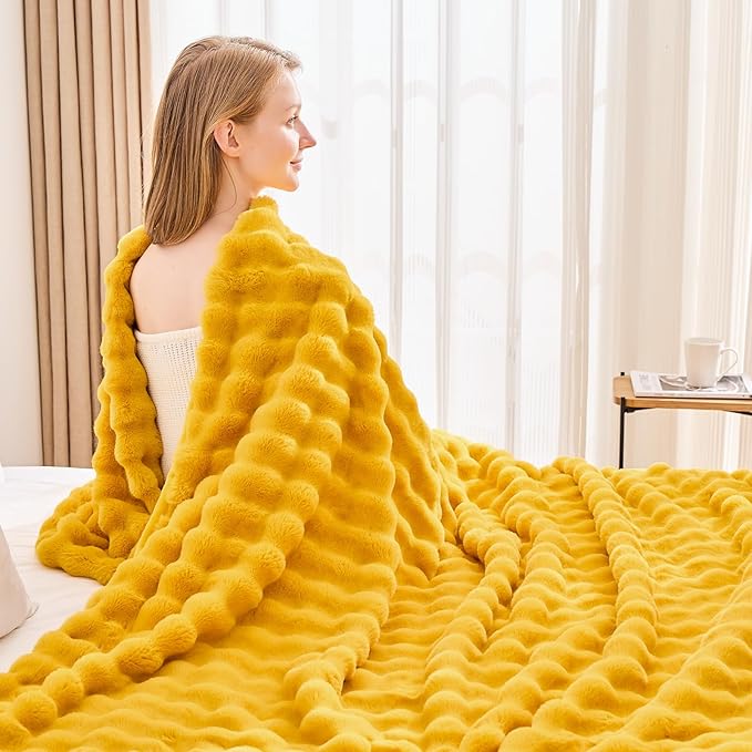 NEWCOSPLAY Faux Fur Twin Blanket Mustard Yellow Bubble Blanket Thick Warm Soft for Couch Sofa Bed 550GSM (Mustard Yellow, Twin(60"x80"))-Ruum Studio Home