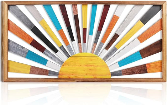 IARTTOP Large Boho Sun Wall Art Framed Wooden Art Wall Decor Rainbow Sun Rising On The Horizon Geometric Line Sunshine Wall Art for Living Room Bedroom Office 16"x32"-Ruum Studio Home