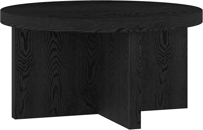 Henn&Hart 33" Round Wood Pedestal Low-Profile Coffee Table for Living Room, Family Room, Office or Apartment, Black Grain-Ruum Studio Home