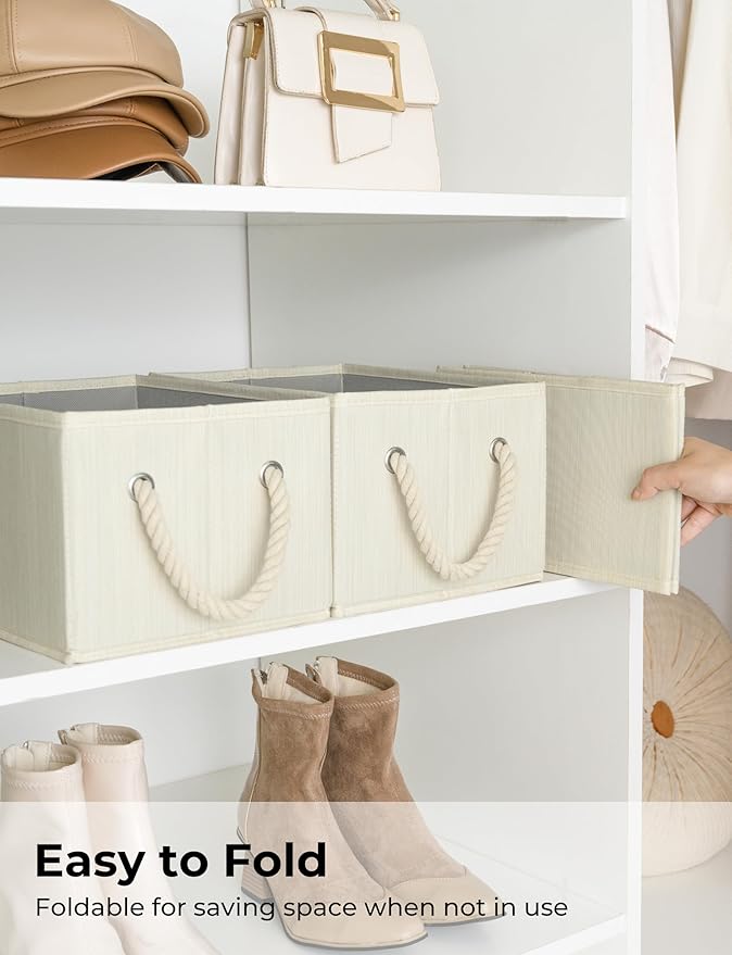 StorageWorks Storage Baskets for Shelves, Foldable Fabric Closet Storage Bins with Handles, Fabric Storage Bins Clothes Organizer, Beige, White & Ivory, 3-Pack, Small-Ruum Studio Home