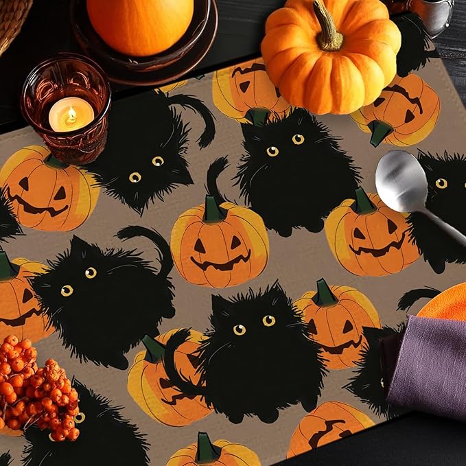 Halloween Placemats Cat Pumpkin Set of 4 Table Mats Seasonal Cute Home Party Kitchen Dining Table Decorations-Ruum Studio Home