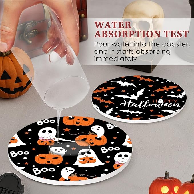 Coaster for Drinks Set of 6, Halloween Ghost Pumpkins Bats Holiday Black Absorbent Round Ceramic Stone Mat, with Cork Base and Metal Holder, Gift for Housewarming Room Bar Decor-Ruum Studio Home