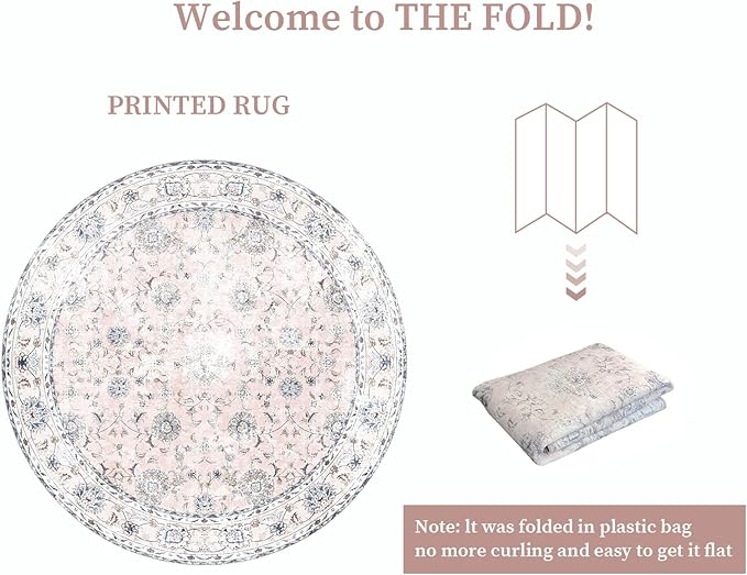 4'x4' Vintage Floral Rug - Persian Inspired Low-Pile Faux Wool Area Rug, Non-Slip Washable Round Rug for Bedroom, Nursery, Dorm, Soft Pink Boho Chic Decor-Ruum Studio Home