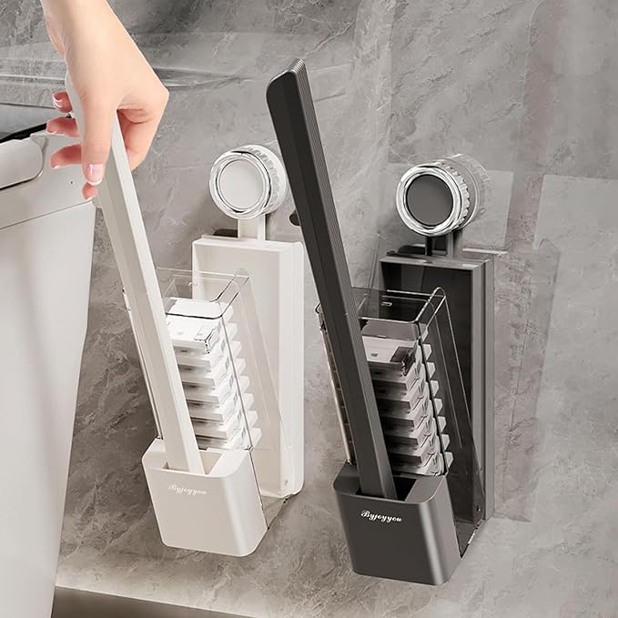 Disposable Toilet Brush with Replaceable Heads, Wall-Mounted Holder, Hygienic Bathroom Cleaning Tool (WhiteToilet Brush + 8 Refills)-Ruum Studio Home