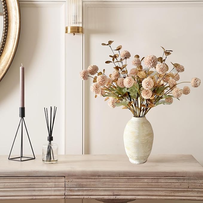 Beige Fake Flowers Silk 10 Stems With Eucalyptus, Faux Flowers For Vase, Artificial Mums Long Stem, Mini Faux Mums Flower Bulk, Tan Nude Cream Neutral Floral, Chrysanthemum Pom Pom Floral Arrangements-Ruum Studio Home